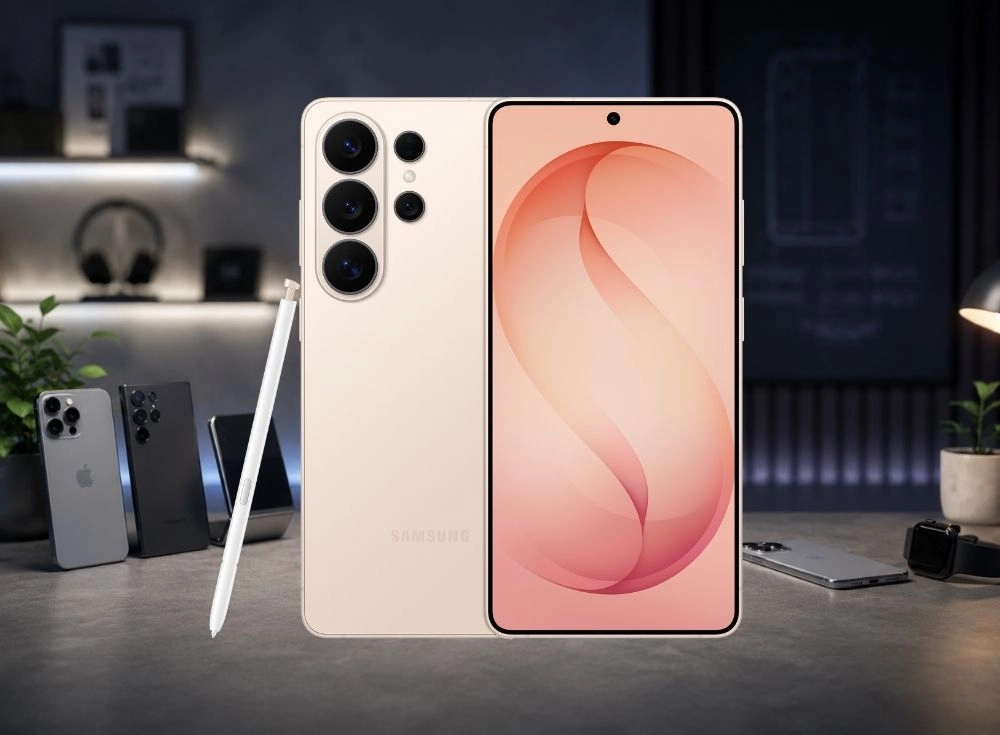Arka planında farklı akıllı telefonların ve aksesuarların yer aldığı bir masa üzerinde, krem rengi bir Samsung Galaxy S26 Ultra akıllı telefonun hem ön yüzü (Dynamic AMOLED ekranlı ve ortasında delik kameralı) hem de arka yüzü (üç büyük kamera lensli) bir arada dururken yanında beyaz bir S Pen görülüyor.
