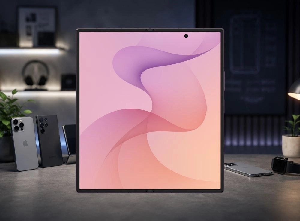 Pembe ve mor tonlarında dalgalı bir duvar kağıdı gösteren, tamamen açık ve geniş bir AMOLED ekrana sahip siyah çerçeveli katlanabilir akıllı telefon, hafif loş bir ortamda masada dik bir şekilde konumlanmış, arka planda başka akıllı telefonlar ve teknolojik aksesuarlar seçiliyor.