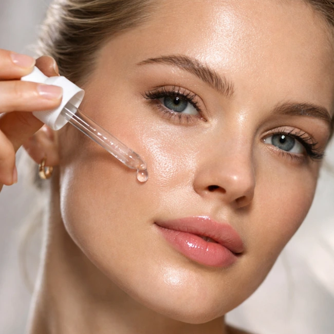 PDRN serum uygulayan beyaz tenli kadında cam cilt etkisi ve parlak, sağlıklı cilt görünümü.