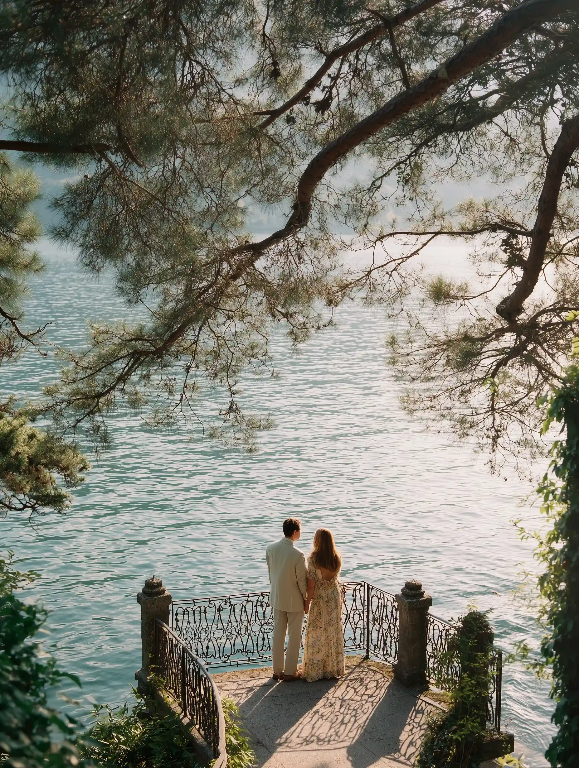 Romantik bir çift, göl kenarında demir korkuluklu küçük bir terasta yan yana durarak gün batımını izliyor; doğayla iç içe, sessiz lüks evlilik teklifi atmosferi.