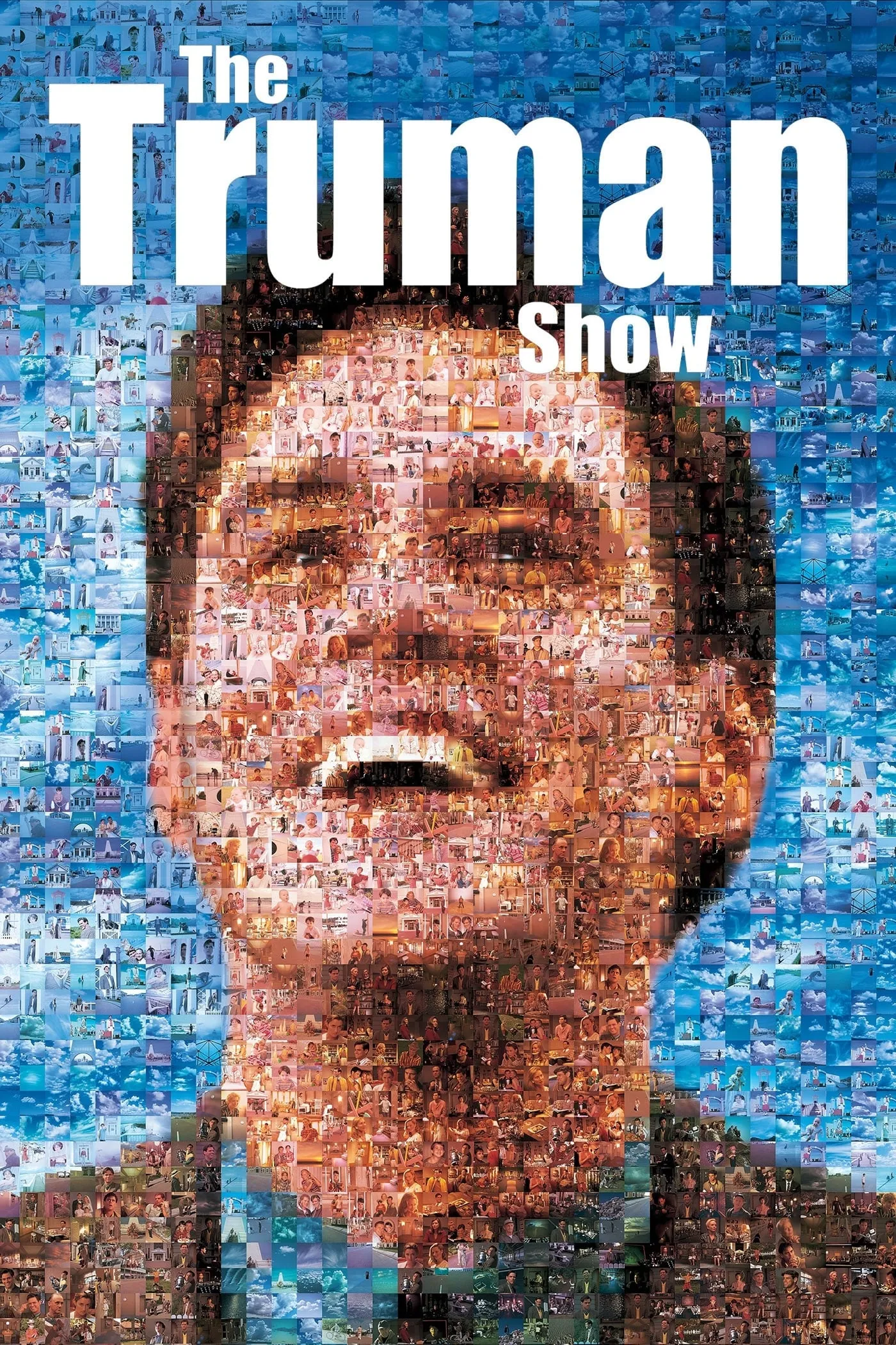 Truman Burbank’ın yüzü yüzlerce küçük kareden oluşan mozaik tasarım içinde yer alıyor, The Truman Show afişi.