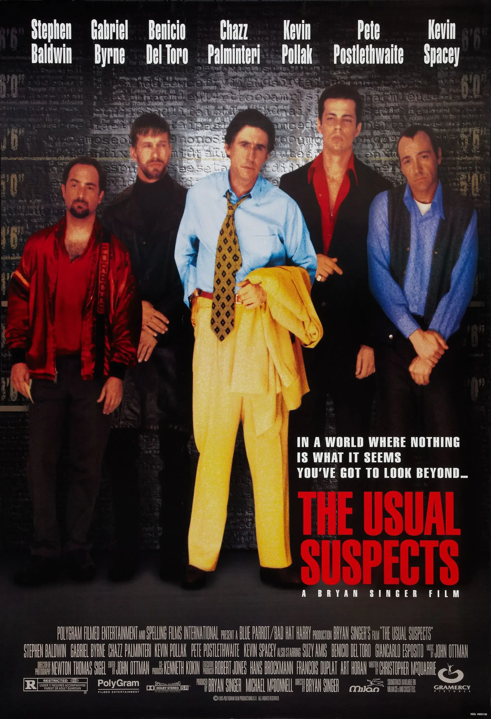 Beş şüpheli yan yana dizilmiş halde polis duvarı önünde duruyor, The Usual Suspects film afişi.