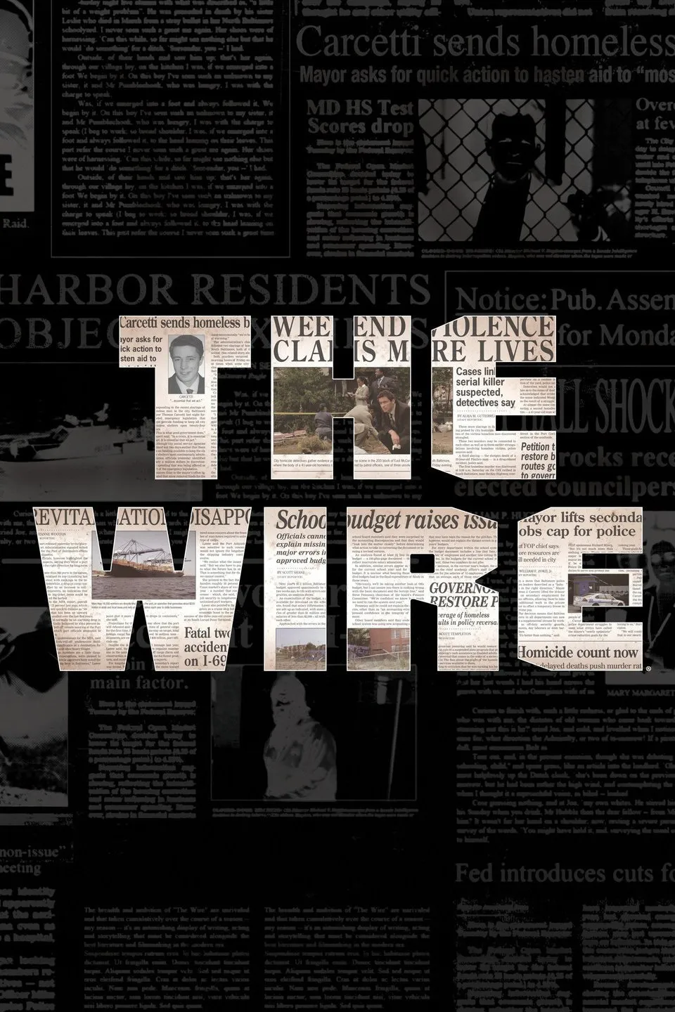 Gazete kupürleri ve haber başlıklarından oluşan kolaj tasarımında “The Wire” yazısı öne çıkıyor.
