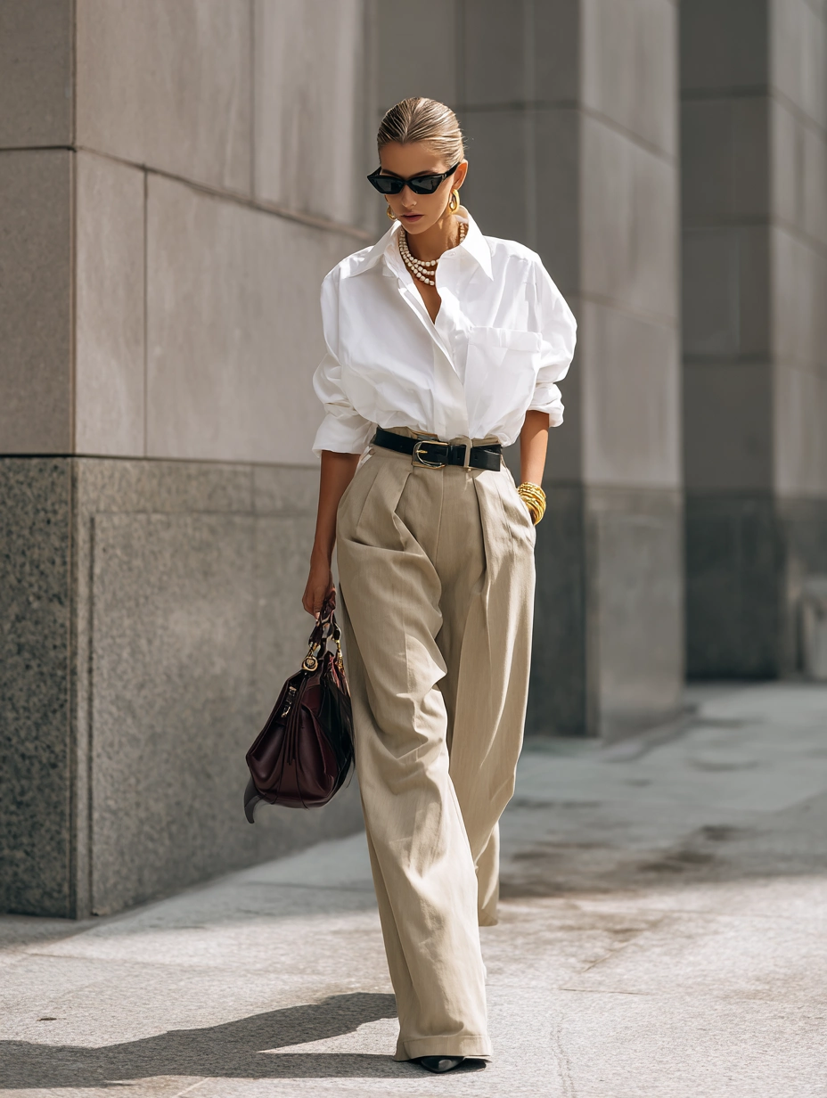 Beyaz oversize gömleği bej yüksek bel tailoring pantolon ve siyah kemerle tamamlayan model, güneş gözlüğü, altın aksesuarlar ve deri el çantasıyla güçlü ve sofistike bir ofis stilini yansıtıyor.