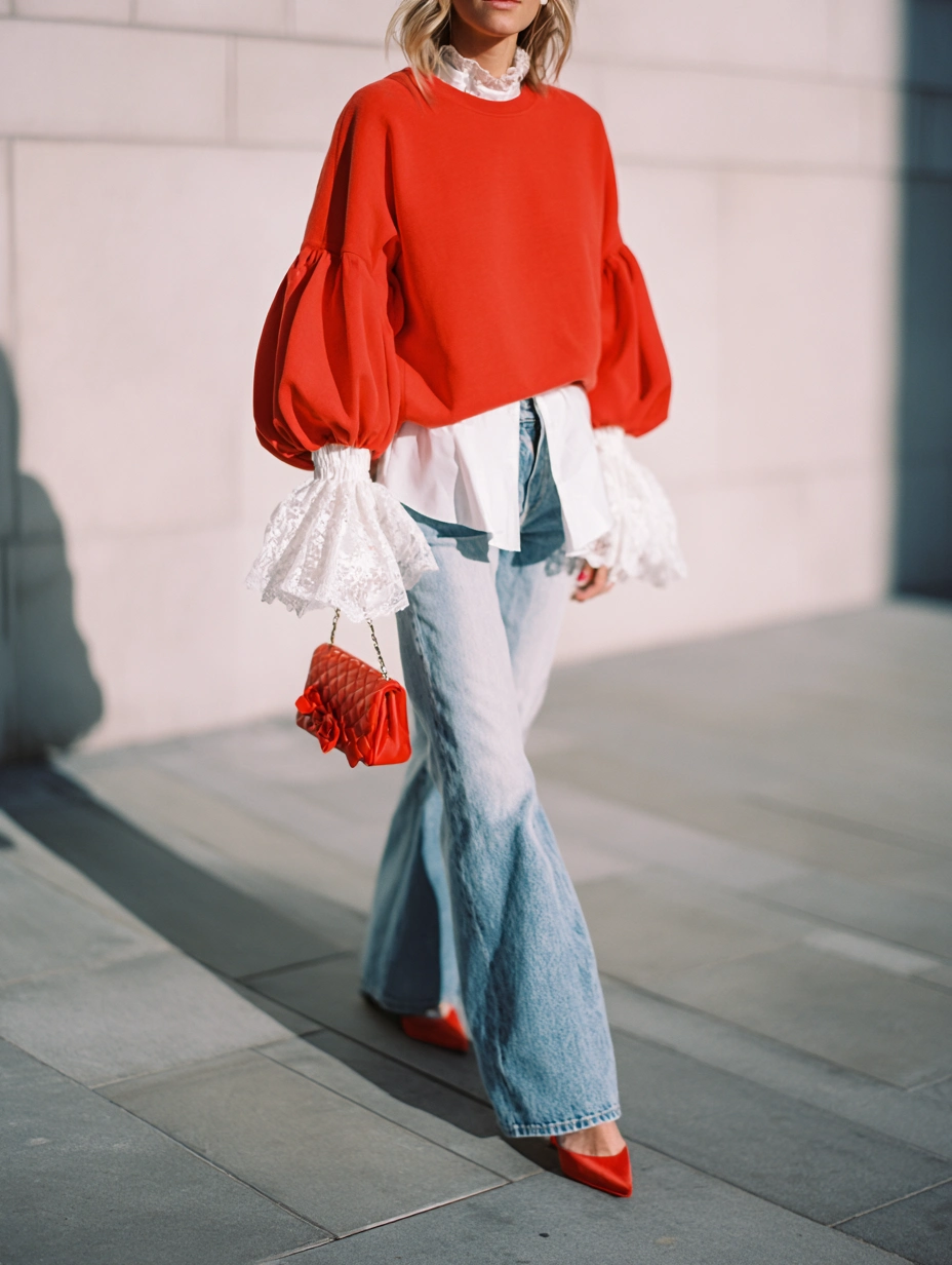 Kırmızı statement kazak ve açık ton geniş paça jean pantolonu aynı ton çanta ve topuklu ayakkabıyla tamamlayan model, kontrast renk kullanımıyla dikkat çeken modern ve dinamik bir street style görünümü sunuyor.