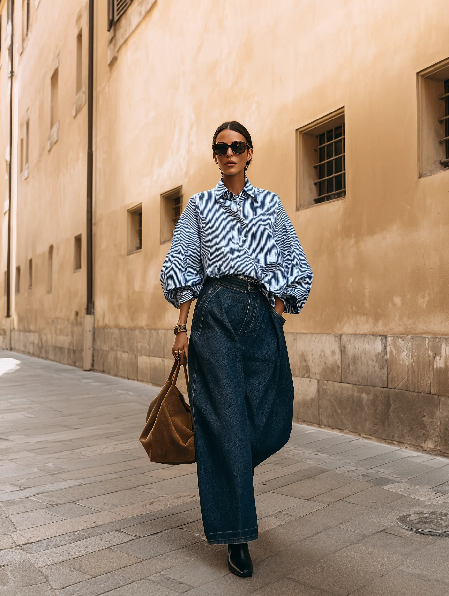 Çizgili oversize gömleği koyu ton yüksek bel geniş paça denim pantolonla kombinleyen model, deri çanta ve güneş gözlüğüyle şehir stilinde zamansız ve rafine bir smart casual denge kuruyor.