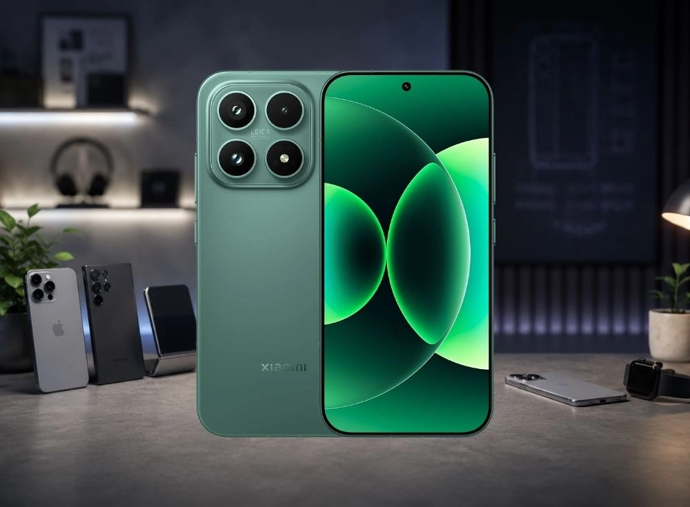 Leica markalı dörtlü arka kamera sistemine ve canlı yeşil duvar kağıtlı geniş AMOLED ekranına sahip, göz alıcı yeşil Xiaomi akıllı telefon, arkasında flu görünen diğer telefonlarla birlikte modern bir masada dikkat çekici bir şekilde konumlandırılmış.