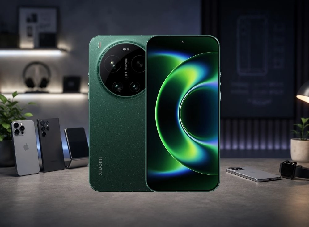 Yeşil Xiaomi 17 Ultra amiral gemisi akıllı telefon, arka yüzündeki belirgin Leica kamera modülü ve ön yüzündeki canlı yeşil-siyah soyut desenli AMOLED ekranıyla, diğer cihazların dağınıkça yerleştirildiği modern bir masanın üzerinde göz alıcı bir şekilde duruyor.