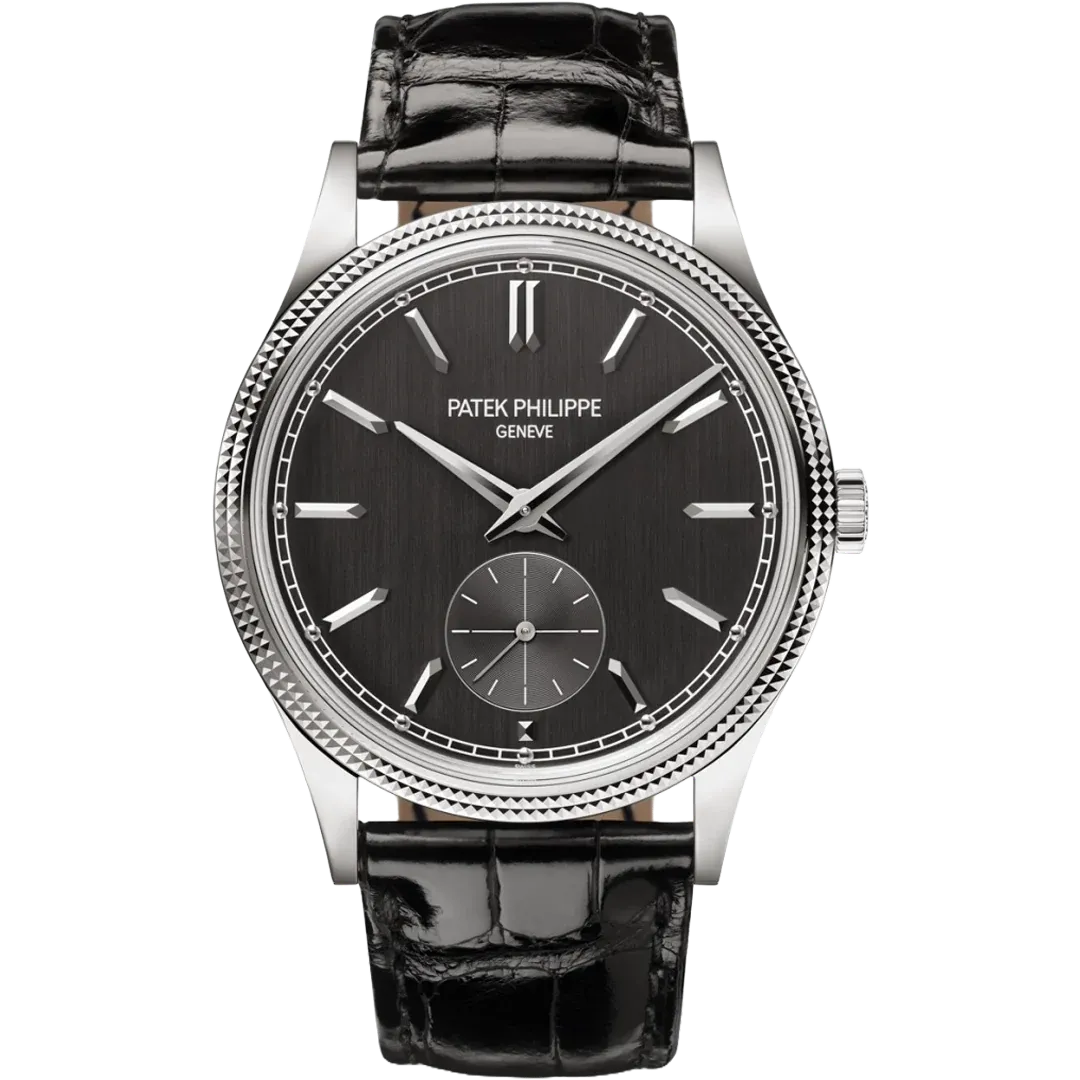 Patek Philippe Calatrava Ref.6119G model, Clous de Paris desenli bezeli, kömür grisi fırçalanmış kadranı, baton indeksleri, gümüş renkli kolları ve saat 6'daki küçük saniye alt kadranıyla zarif beyaz altın kasaya sahip, parlak siyah timsah derisi kayışlı bir kol saati.