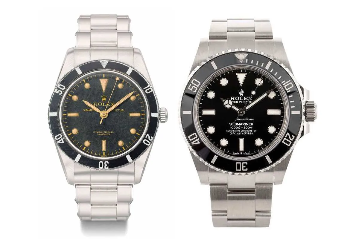 Beyaz arka plan üzerinde yan yana duran, solda koyu patinalı kadranı ve altın renkli indeksleriyle vintage bir Rolex Submariner modeli, sağda ise keskin siyah kadranı ve modern göstergeleriyle güncel bir Rolex Submariner saati, markanın 1953'ten 2020'ye Submariner serisindeki estetik ve teknik gelişimini gözler önüne seriyor.