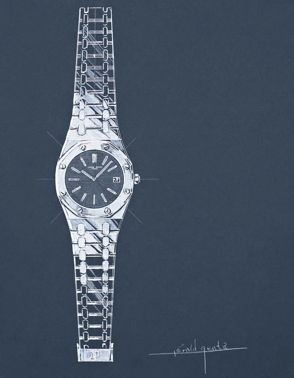 Koyu gri bir fon üzerinde, Gerald Genta'nın imzasını taşıyan, entegre bileziği ve sekizgen kasasıyla ikonik Audemars Piguet Royal Oak saatinin 1972 yılındaki orijinal tasarımını yansıtan, beyaz çizgilerle detaylandırılmış zarif bir eskizi.