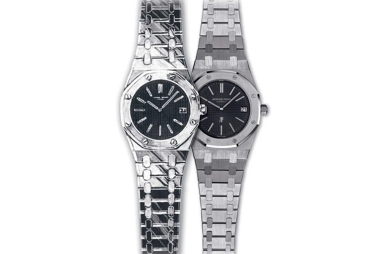 Sol tarafta sanat eseri gibi duran bir çizim olarak, sağ tarafta ise detaylı bir fotoğrafıyla iki farklı Audemars Piguet Royal Oak saati, çelik bilezikleri ve siyah kadranlarıyla 1972’deki ikonik başlangıcını yansıtıyor.