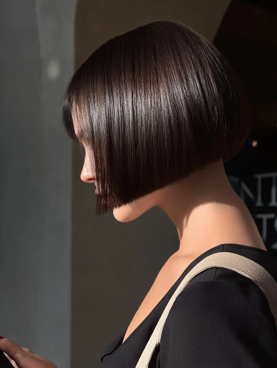 Yan profilden çekilmiş bu fotoğrafta, koyu renk, pürüzsüz ve parlak bob saç modeline sahip bir kadın güneş ışığında başını hafifçe aşağı eğmiş, saçlarının keskin hatları ve modern tarzı vurgulanıyor.