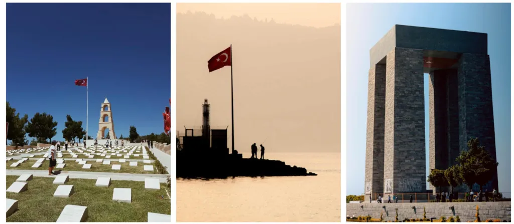 Çanakkale'nin güçlü hafızasını yansıtan, üzerinde şanlı Türk bayrağının dalgalandığı, ziyaretçilerin gezdiği bir şehitlik alanı ve anıt kulesi, deniz kıyısında gün batımı tonlarındaki bir iskelede balık tutan insanların siluetiyle dalgalanan bir başka Türk bayrağı ve Gelibolu Yarımadası'ndaki Çanakkale Şehitler Abidesi'nin görkemli yapısı, tarihin ve milli ruhun izlerini bir araya getiriyor.