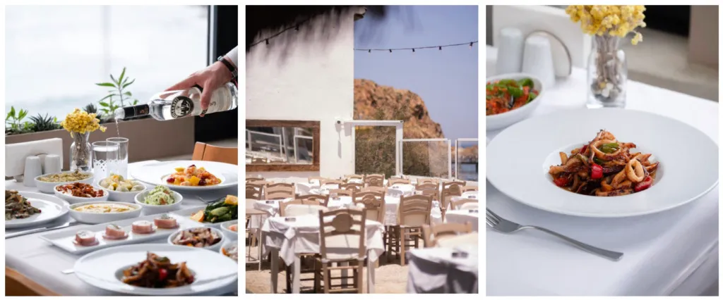 Çanakkale'nin klasik sofrası Yalova Restoran'ı vurgulayan bu üçlü görselde, denize nazır bir masada sunulan rakı ve çeşitli mezelerle beraber, açık havada beyaz örtülü masaların beklediği bir düzen ile iştah açıcı deniz ürünleri tabağı Çanakkale mutfağının lezzetlerini gözler önüne seriyor.