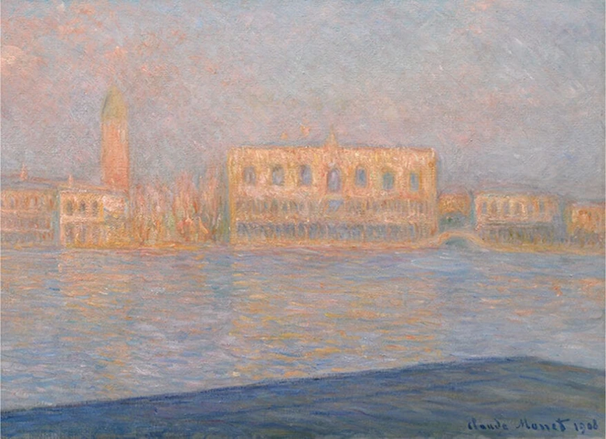 Claude Monet'nin imzalı 1908 tarihli bu empresyonist tablosu, San Giorgio Maggiore'den bakıldığında Venedik'in puslu, pembe ve mavi tonlardaki suları üzerinde yükselen bir palazzo ile çan kulesi ve çevresindeki binaların ışıkla parıldamasını ustaca tasvir ediyor.