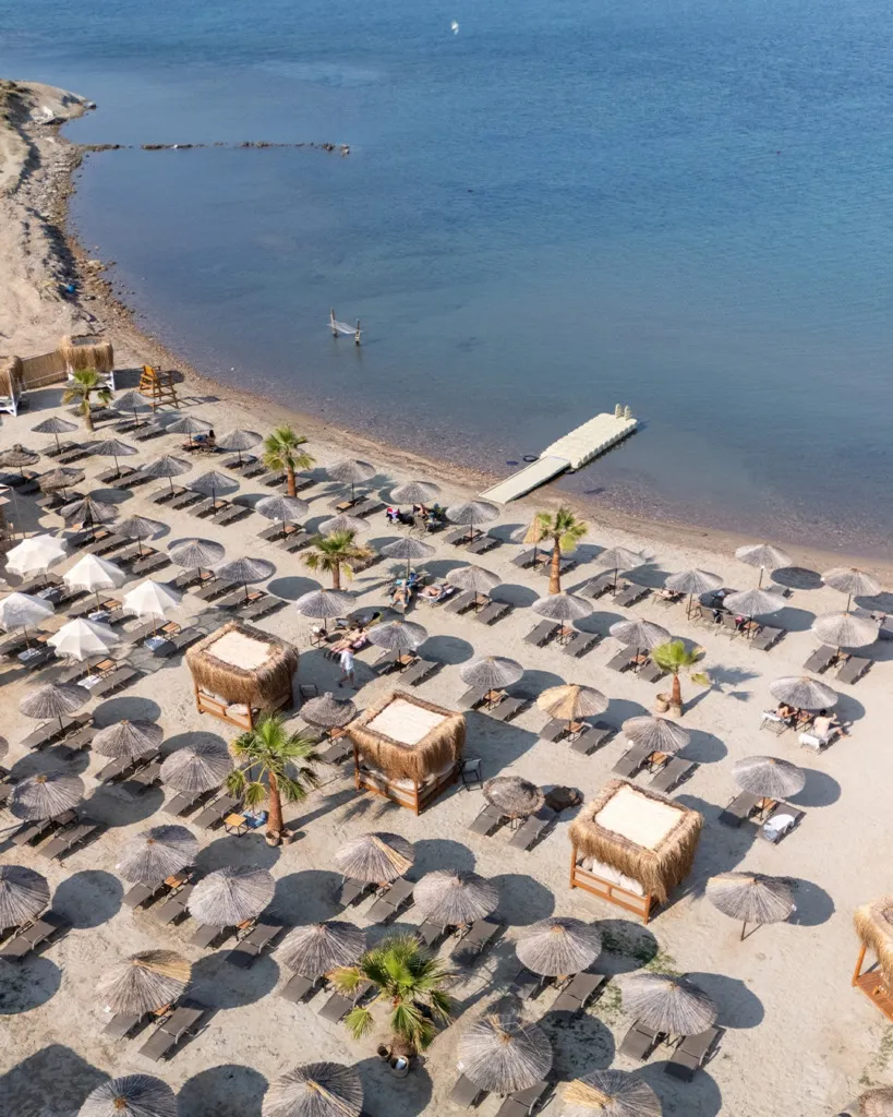 Cunda Kesebir Plajı'nın masmavi deniziyle buluşan geniş kumsalında, çok sayıda hasır şemsiye, şezlong ve palmiye ağaçlarının eşlik ettiği, yüzen iskele ve denizde asılı hamakla tamamlanan huzurlu bir yaz tatili ortamı.