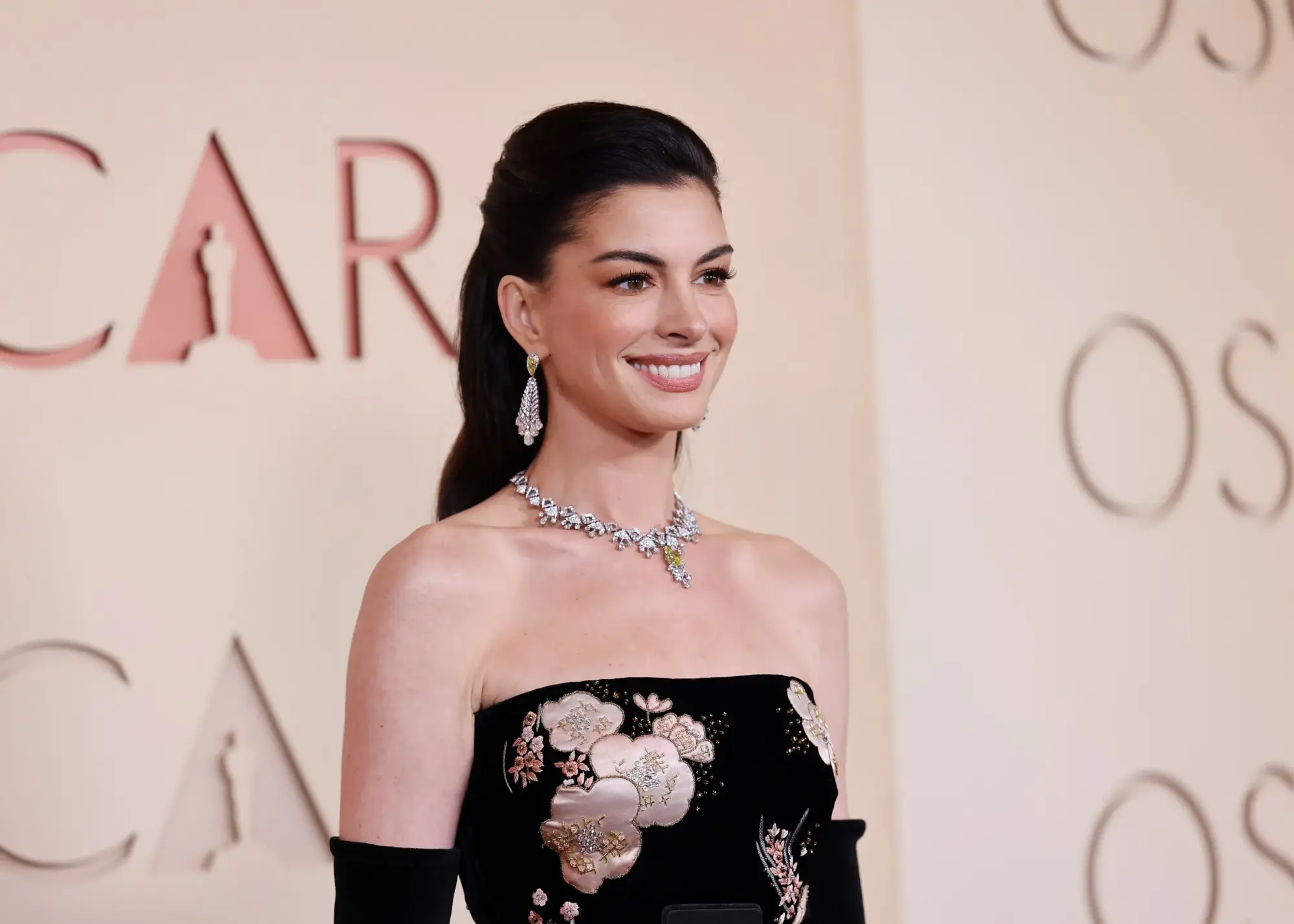Anne Hathaway, siyah kadife üzerine pembe ve altın işlemeli çiçek desenli straplez elbisesi, parlak pırlanta kolye ve sarkık küpeleriyle, arkasında Oscar logosu bulunan bir kırmızı halı etkinliğinde samimi bir gülümsemeyle poz veriyor.