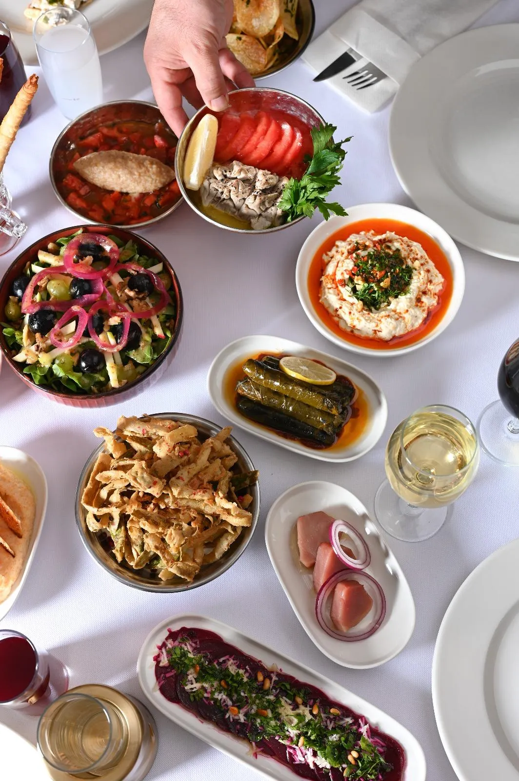 Alp Çekici – Şeflerin Lezzet Rotaları. Beyaz örtülü masada, Hani meyhanesinin özgün menüsünü yansıtan zengin meze çeşitleri sunuluyor. Bir el domatesli sakatat mezesini masaya yerleştiriyor; etrafında sarma, lakerda, humus, pancar, renkli salata, rakı ve şarap kadehleri