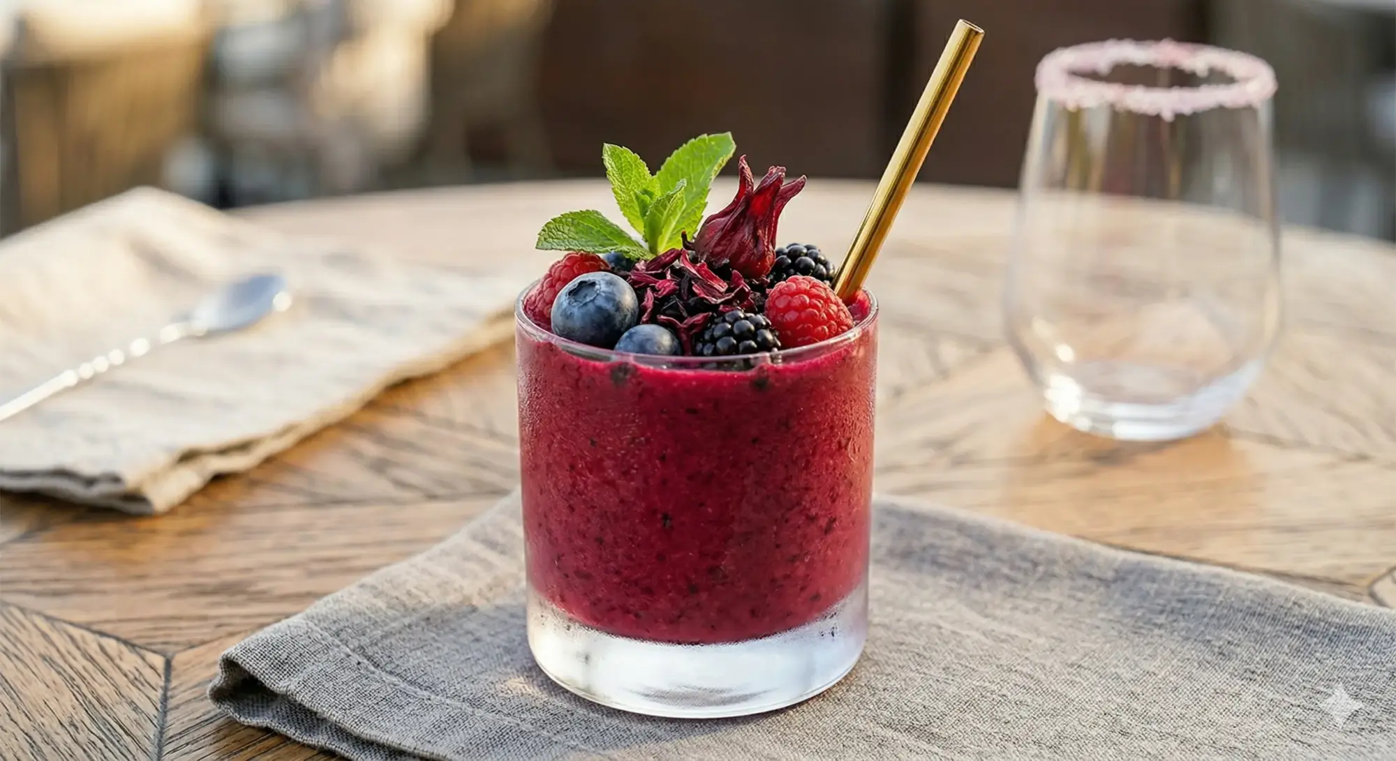 Ahşap bir masa üzerinde, nane yaprakları, orman meyveleri (yaban mersini, böğürtlen, frambuaz) ve kuru hibiskus çiçekleriyle zenginleştirilmiş, altın pipetli, buğulu cam bardaktaki koyu kırmızı hibiskuslu smoothie, metabolizma hızlandıran faydalarıyla sunuluyor.