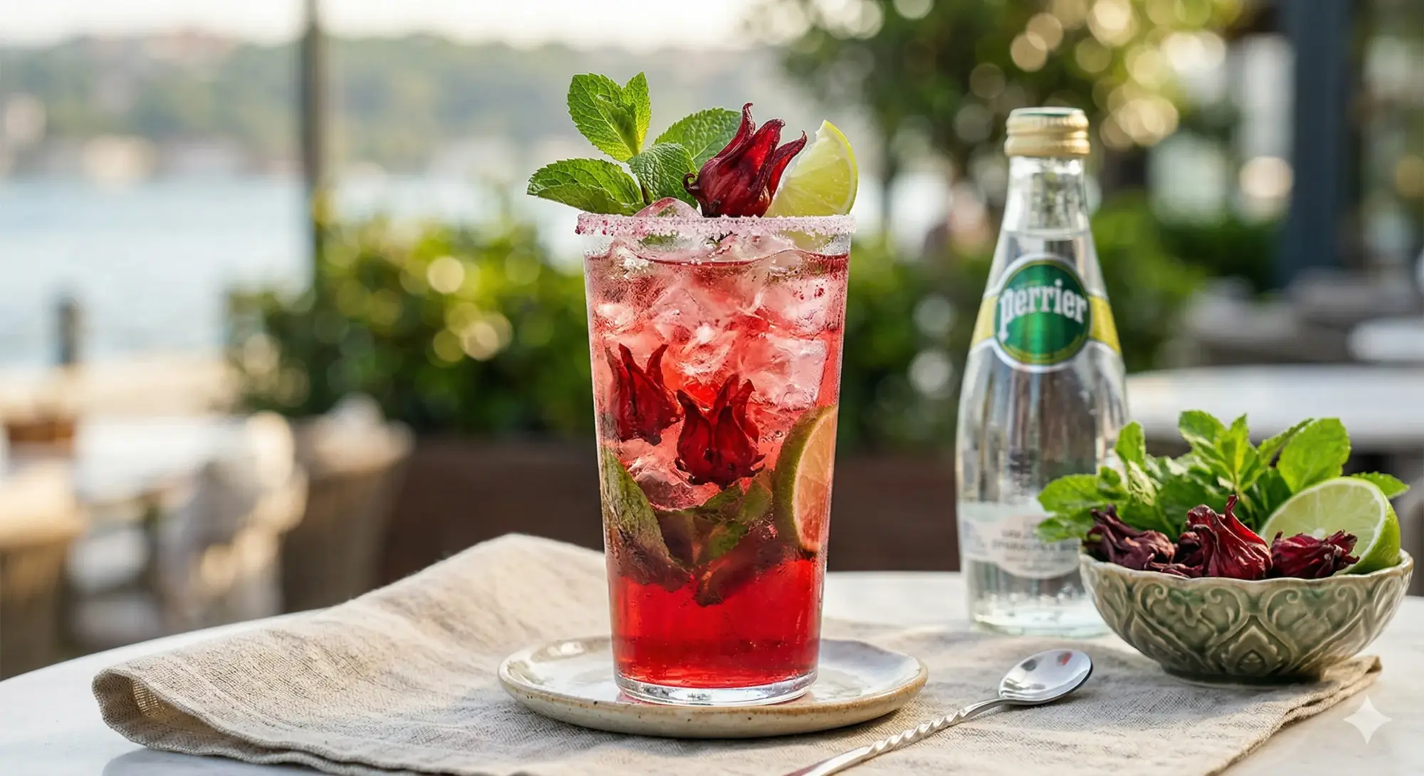 Bulanık yeşil bir arka plan ve su manzarasında, üzerinde taze nane ve misket limonu dilimleri olan, buz dolu, kenarları şekerli kırmızı renkli bir hibiskus mocktail bardağı ve yanında bir maden suyu şişesi ile kurutulmuş hibiskus çiçekleri ve taze nane yaprakları içeren bir kase, hibiskusun serinletici lezzetini ve metabolizma hızlandıran etkilerini vurguluyor.