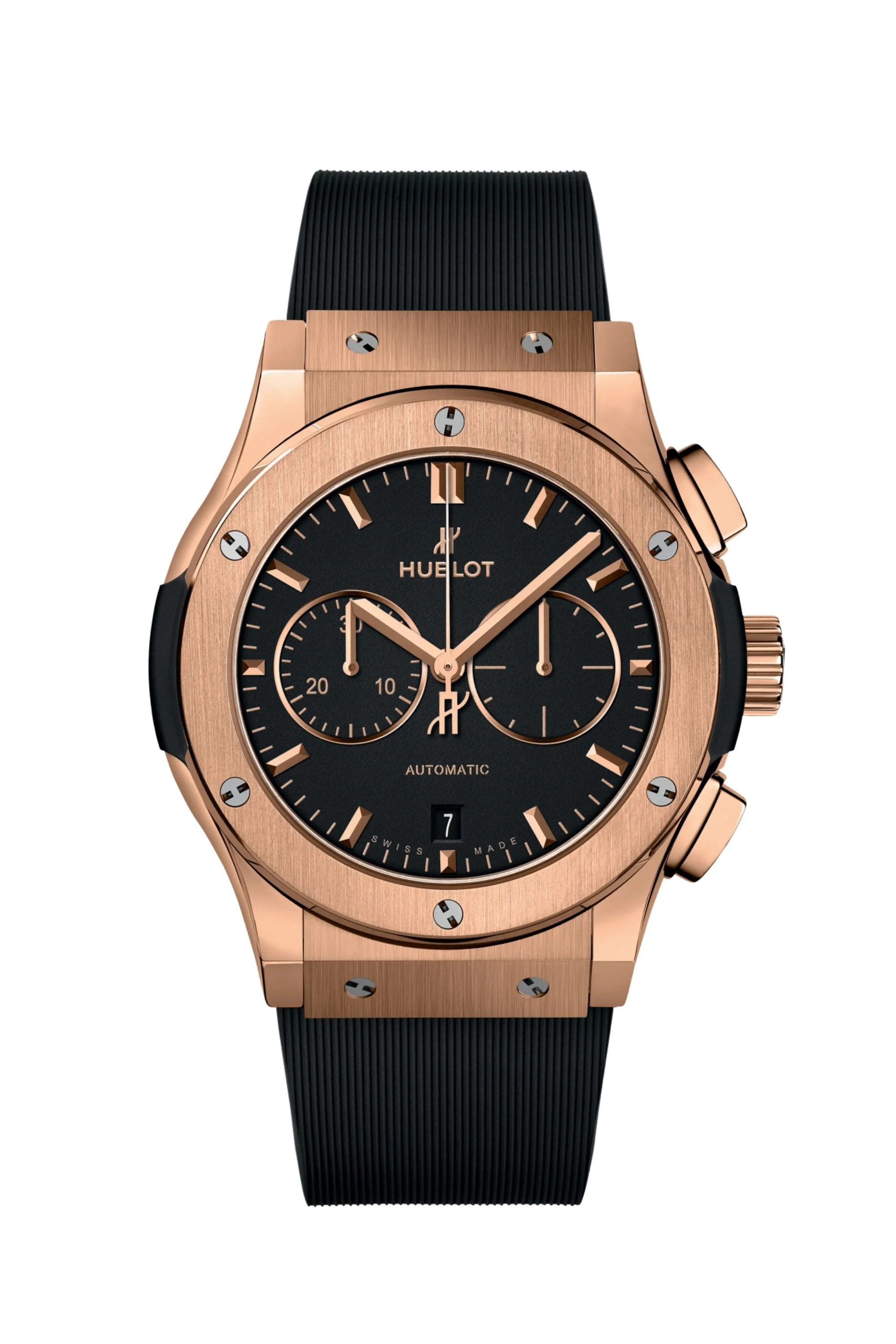 Ortasında Hublot logosu, iki kronograf alt kadranı ve 7 tarih göstergesi bulunan siyah kadranlı, fırçalanmış rose altın kasalı ve nervürlü siyah kauçuk kayışlı zarif bir Hublot Classic Fusion Chronograph erkek kol saati.