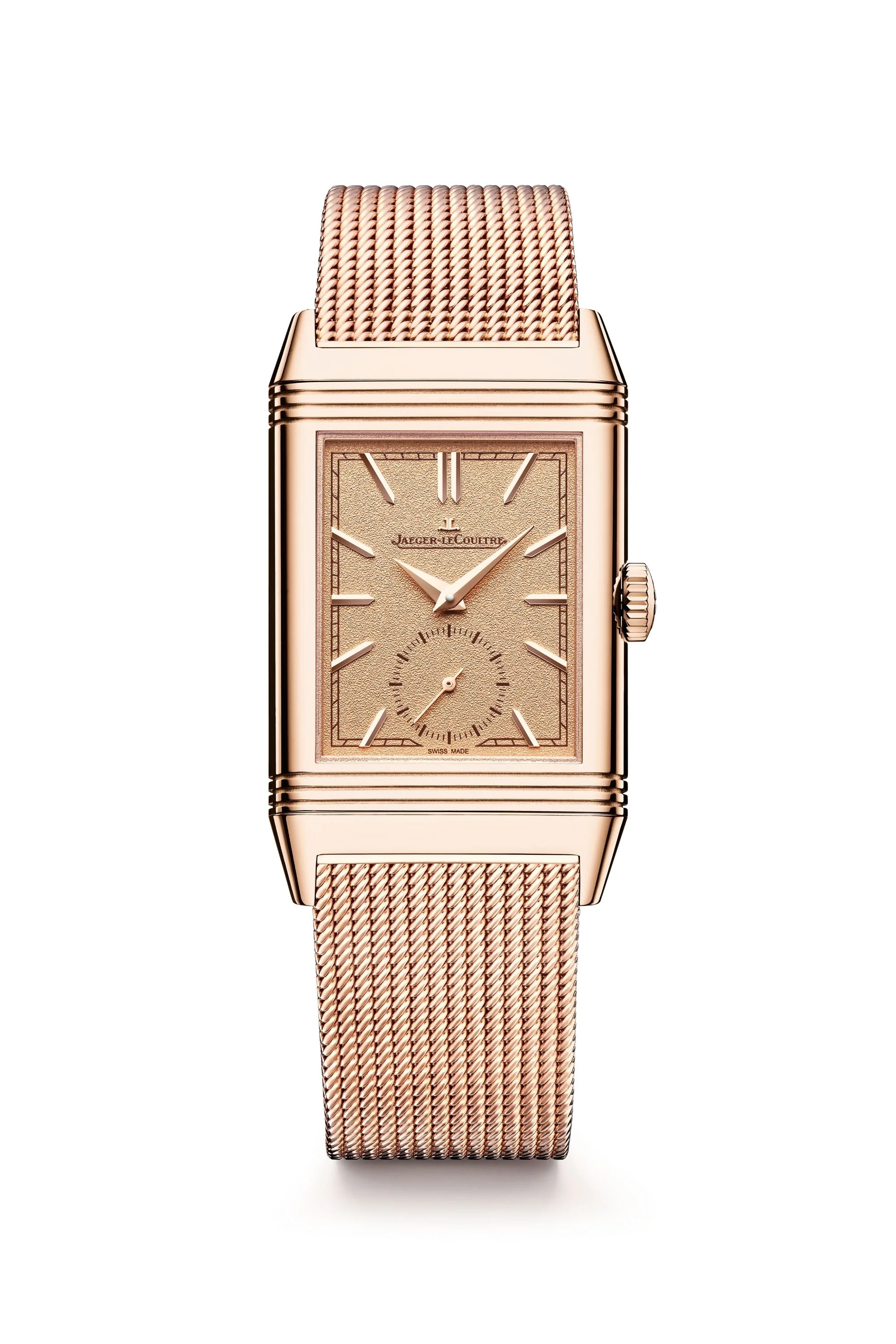 Görselde, Nicholas Hoult'un Oscar töreninde takacağı Jaeger-LeCoultre Reverso Tribute Monoface Small Seconds pembe altın saat, metalik örgü bileziği ve dokulu kadranıyla beyaz arka plan üzerinde şık bir şekilde sergileniyor.