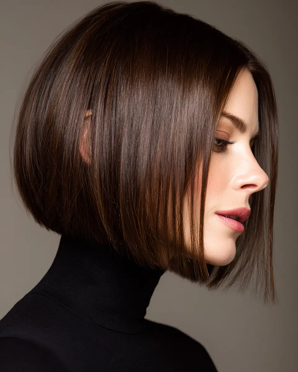 Soldan profil çekimde, omuza yakın kesilmiş, pürüzsüz ve parlak koyu kahverengi saçlarıyla öne çıkan, modern bir japon bob saç modeline sahip genç bir kadın siyah boğazlı kazağıyla sağa bakıyor.