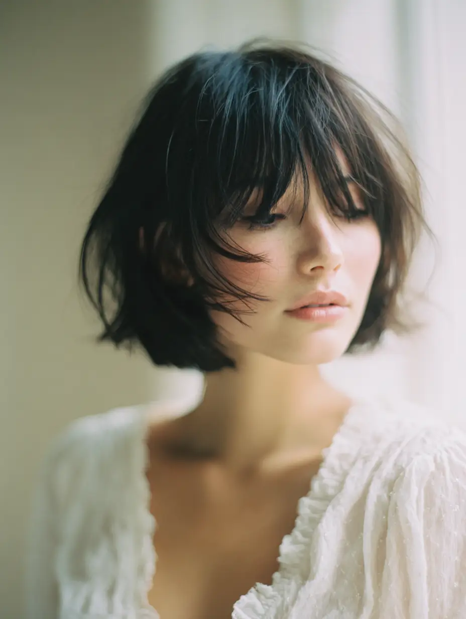 Koyu renk, katmanlı ve hafif dağınık kaküllü pixie saç modeline sahip genç bir kadın, pencere kenarında doğal bir ışıkla aydınlanmış, modern ve feminen bir duruş sergileyerek bu stilin pratik zarafetini vurguluyor.