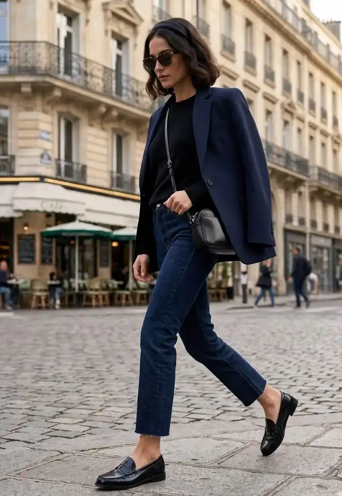 Sokakta yürüyen, omuzlarına astığı koyu renk blazer ceketi, siyah ince trikosu, düz kesim koyu mavi jean pantolonu ve parlak siyah loafer ayakkabıları ile zamansız parçalardan oluşan şık bir bahar kapsül gardırop kombini sergileyen bir kadın.