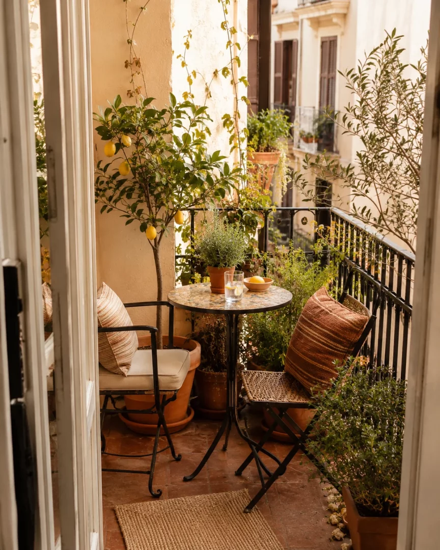 Kapıdan bakıldığında görülen bu küçük balkon dekorasyonu, limon ağacı, bol yeşil bitkiler ve terracotta saksılarla Akdeniz esintisini taşıyor; mozaik masa etrafında rahat minderli iki sandalye ve yerde hasır kilim ile davetkar bir dinlenme köşesi sunuyor.