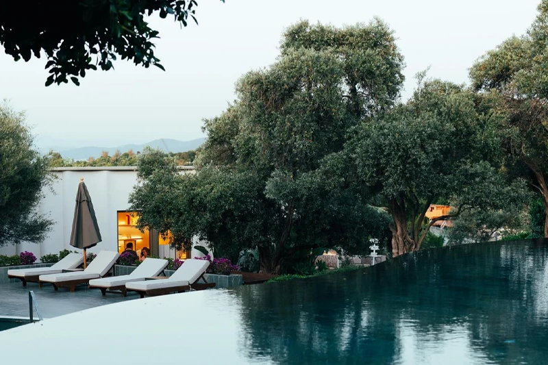 Bodrum'daki lüks bir tatil köyünün modern sonsuzluk havuzunun berrak sularında gökyüzü yansırken, sol tarafta rahat şezlonglar, kapalı bir şemsiye ve arkasında aydınlatılmış bir binanın önünde yemyeşil zeytin ağaçları ile uzak dağların silüeti görünen huzurlu bir dış mekan manzarası.