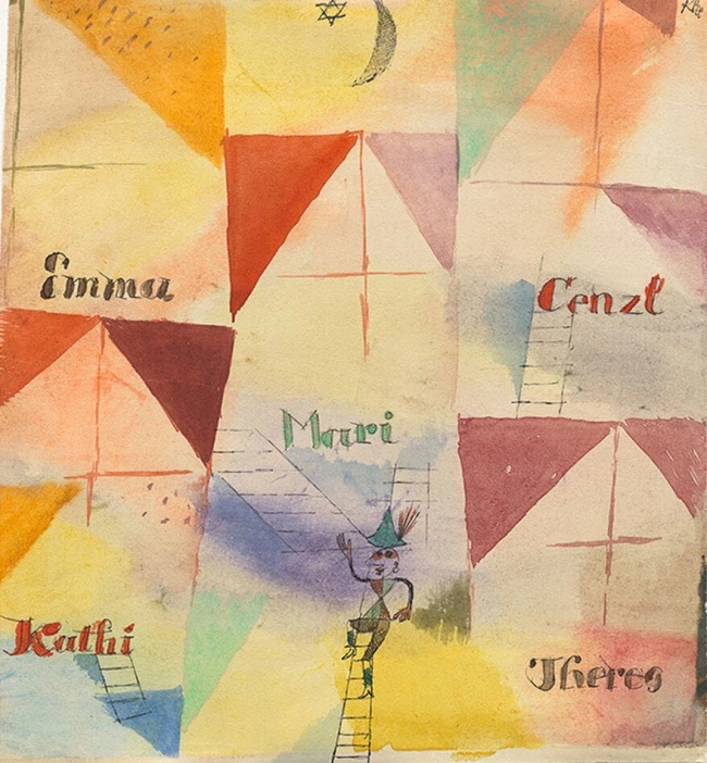 Paul Klee'nin Bavyeralı Don Giovanni adlı bu suluboya tablosu, pastel tonlarda sarı, turuncu, kırmızı ve mor gibi renk geçişleriyle dolu geometrik şekillerden oluşan bir ızgara düzenine sahiptir; resimde Emma, Cenzl, Mauri, Kathi ve Theres isimleri farklı yazı tipleriyle yer alırken, yeşil sivri şapkalı bir figür merdivenle Mauri'ye doğru tırmanır, üst kısımda ise bir hilal ve Davut Yıldızı görülür.