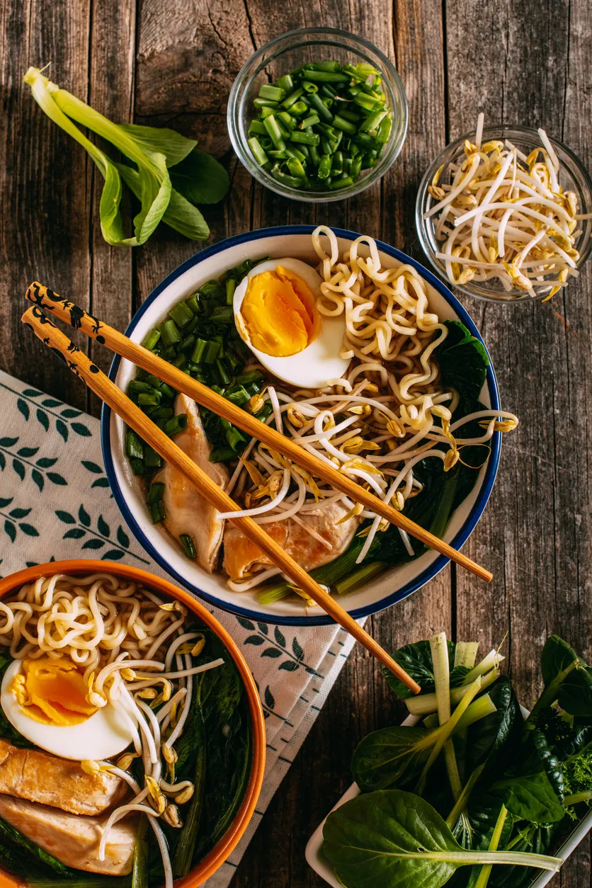 Buharları üzerinde tüten klasik Japon ramen kasesi, erişte ve et suyu detayı