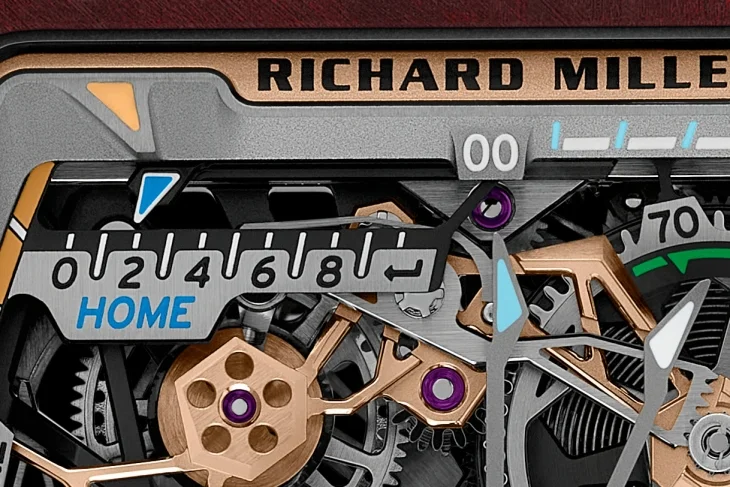 Yakın çekim Richard Mille RM 41-01 futbol gol sayacı saatinin karmaşık iç mekanizmasını gösteriyor; saatin üst kısmında RICHARD MILLE yazısı, ortada HOME yazan ve 0-8 arası sayıların bulunduğu bir gol sayacı ekranı ile hassas dişliler ve hareketli parçalar detaylı bir şekilde seçiliyor.