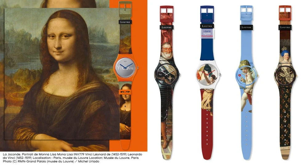 Bu görselde, solda ünlü Mona Lisa tablosu yer alırken, sağda Swatch markasının Louvre Müzesi koleksiyonundan, Mona Lisa'yı ve diğer ikonik sanat eserlerini saat kordonlarına ve kadranlarına taşıyan renkli sanat koleksiyonu saatleri detaylı bir şekilde sergileniyor.