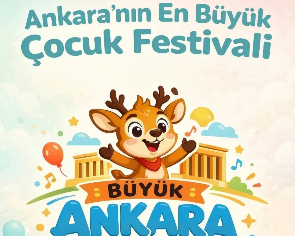 Ankara'nın En Büyük Çocuk Festivali'nin neşeli atmosferini yansıtan bu görselde, arka planda Ankara'yı temsil eden anıtsal bir yapının önünde, rengarenk balonlar, müzik notaları ve yıldızlarla çevrili sevimli bir geyik karakteri neşeyle başparmağını kaldırırken, festivalin çocuklara özel atölyeler ve eğlence dolu etkinliklerle iki gün sürecek coşkulu programını duyuruyor.