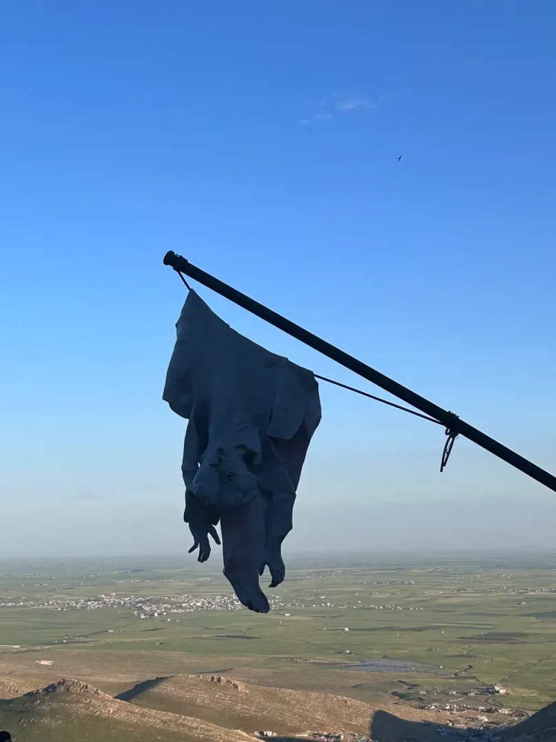 Güneşli berrak mavi gökyüzü altında, bir direkten asılı duran, dökümlü gri kumaştan yapılmış, bedensel bir formu çağrıştıran heykelimsi enstalasyon; aşağıda uzanan yemyeşil ovalar, seyrek yerleşim yerleri ve tepelerden oluşan geniş bir doğa manzarası gözükmekte.