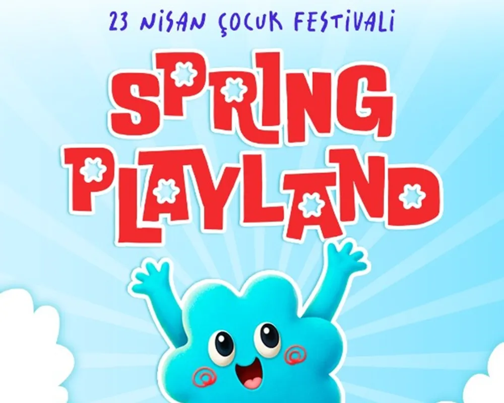 Mavi ışınlı bir arka plan üzerinde büyük kırmızı harflerle Spring Playland ve ince mavi harflerle 23 Nisan Çocuk Festivali yazıları ile neşeli, turkuaz renkli, kolları havada bir bulut karakterinin yer aldığı bu görsel, çocuklar ve aileler için eğlence ve hareket odaklı bir şenliği duyuruyor.