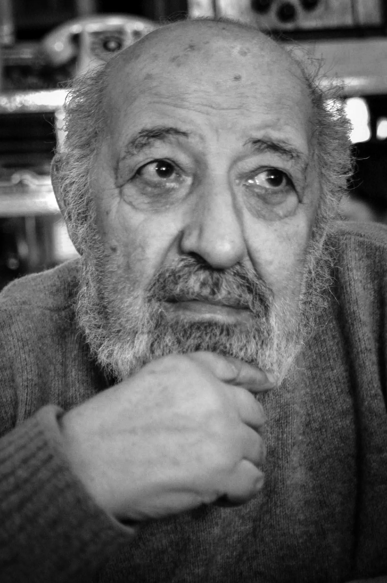 Siyah beyaz portre fotoğrafında, Ara Güler olduğu anlaşılan, düşünceli bir ifadeyle yukarı doğru bakarken sağ elini çenesine dayamış, gri sakalları ve bıyığıyla hayatın ve sanatın derinliklerine inmiş gibi görünen yaşlı bir adam.
