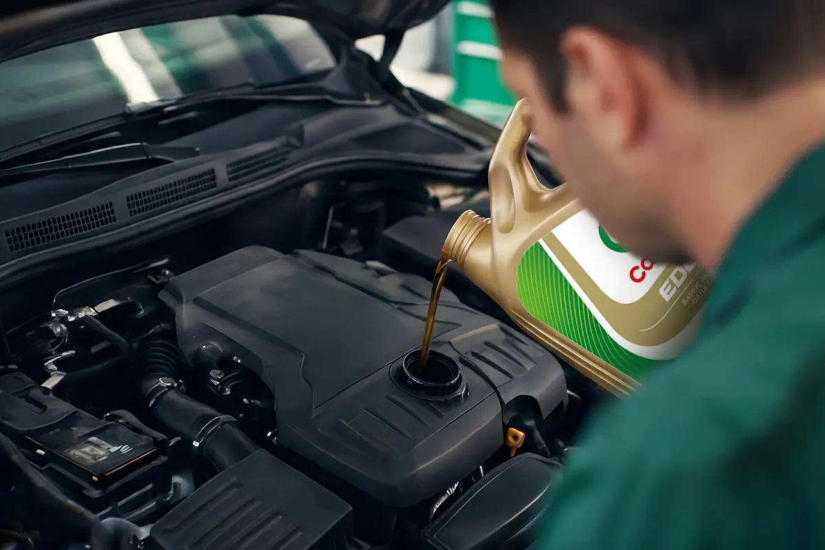 Bir teknisyen, koyu yeşil üniformasının omuz hizasından görünen kısmıyla, Castrol EDGE markalı altın rengi şişeden koyu renkli motor yağını aracın motoruna dikkatlice boşaltarak rutin motor bakımını gerçekleştiriyor.