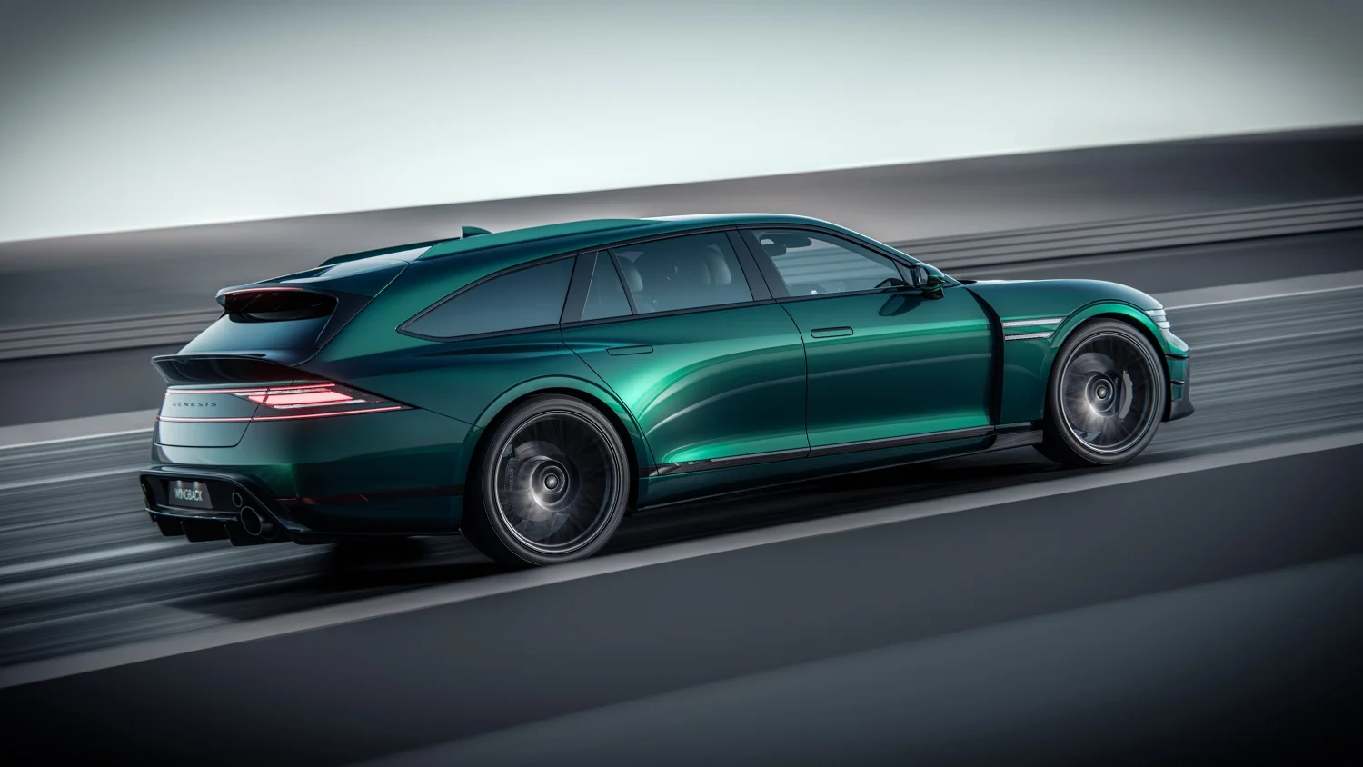 Hareketli bir yolda ilerleyen, koyu turkuaz yeşili rengindeki Genesis G90 Wingback Concept, modern ve akıcı hatlara sahip, şık bir spor station wagon konsept otomobil olarak arka çeyrek açısından dinamik bir duruşla görünüyor.