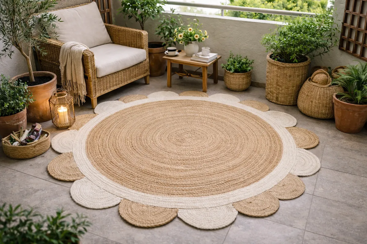 Doğal tonlarda ve kenarları krem rengi yaprak desenli yuvarlak jüt kilim, yeşil bitkiler, rahat rattan koltuk ve küçük ahşap sehpa ile sıcak ve davetkar bir balkon dekorasyonu ortamı sunan taş zemini kaplıyor.