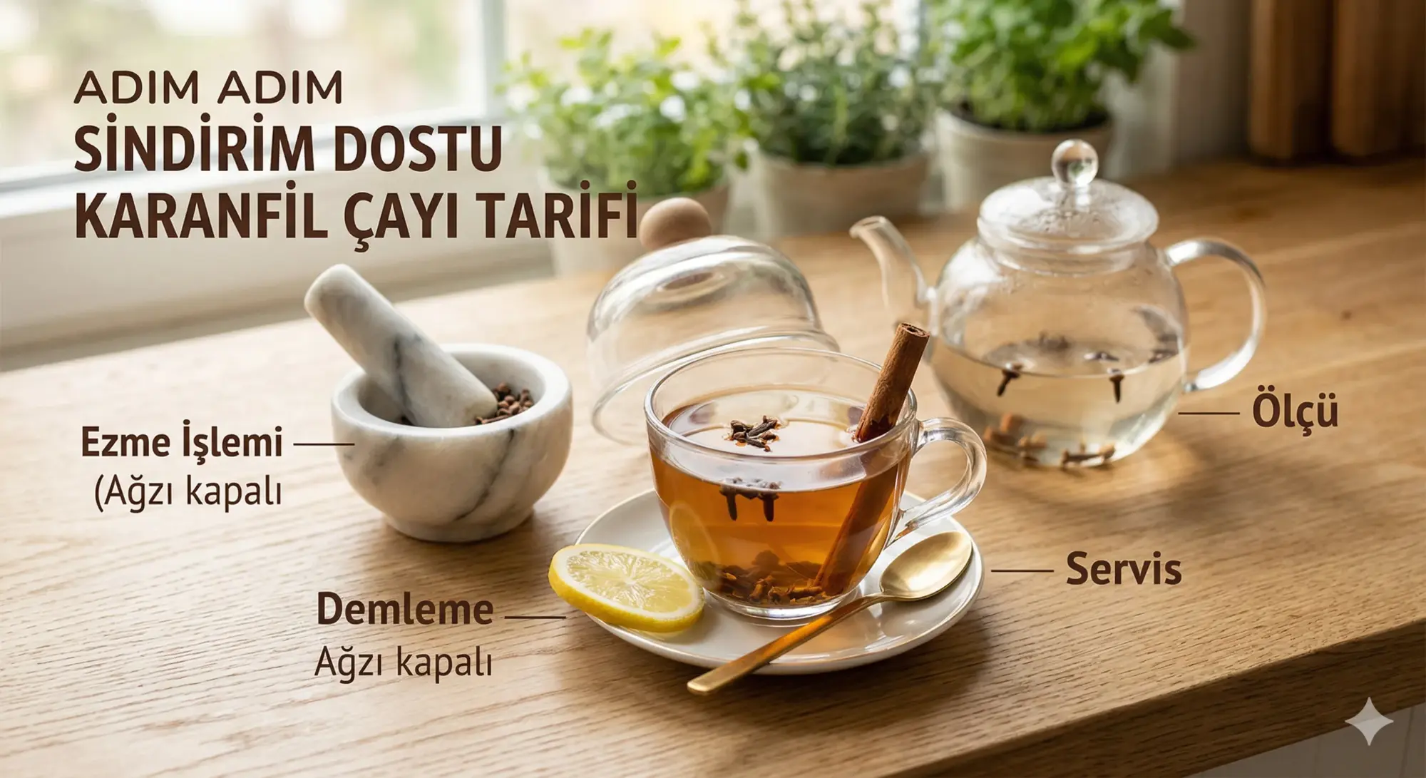 Adım adım sindirim dostu karanfil çayı tarifini gösteren bu görselde, tahta bir mutfak tezgahı üzerinde karanfil ve tarçın çubuğuyla demlenmiş bir fincan çay, yanında limon dilimi, öğütme işlemi için karanfillerle dolu bir havaneli ve ölçüm için demlik yer almaktadır.