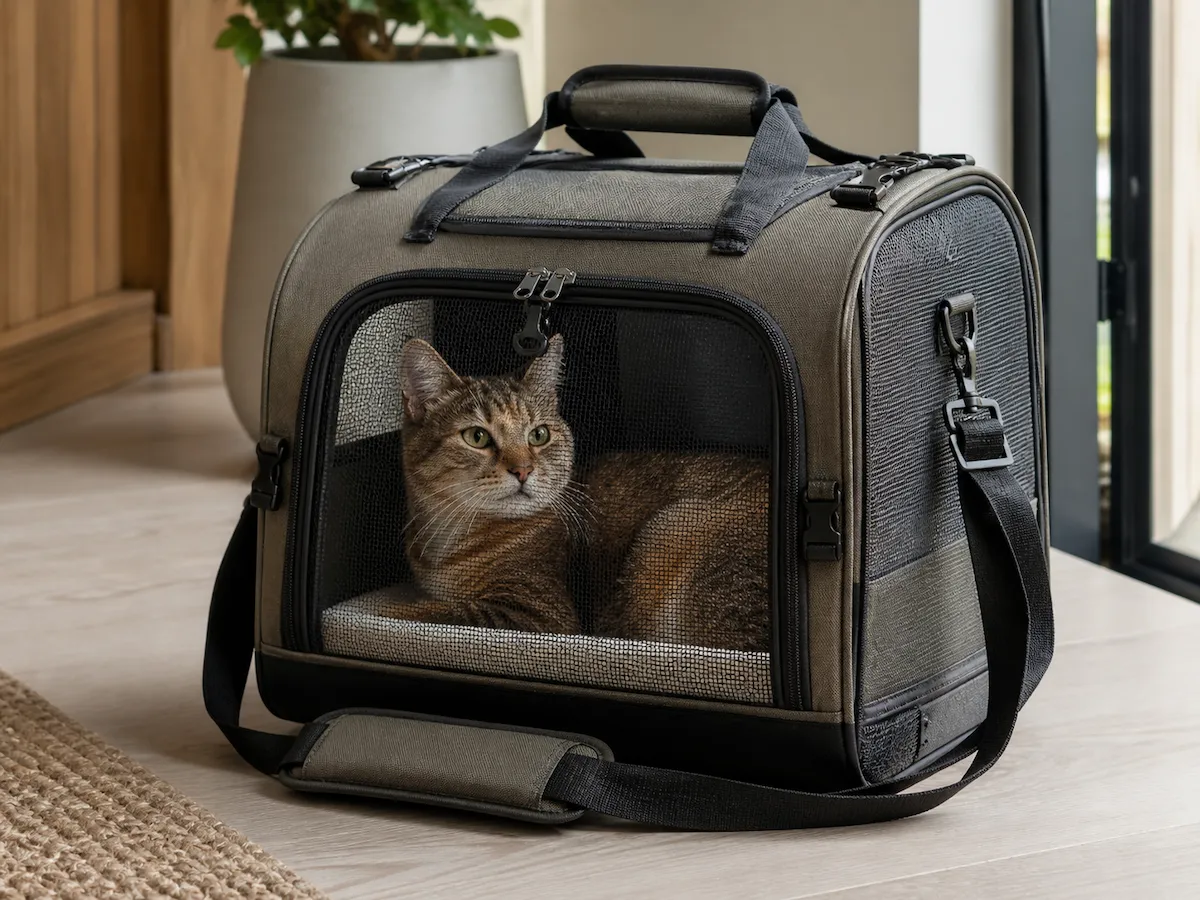 Kahverengi benekli sevimli bir kedi, fermuarlı fileli açıklığı olan, omuz askılı haki renkli yumuşak bir kedi taşıma çantasının içinde uzanmış dikkatle dışarıya bakarken, evcil hayvan sahipleri için doğru kedi taşıma çantası seçerken konforun önemini gösteriyor.