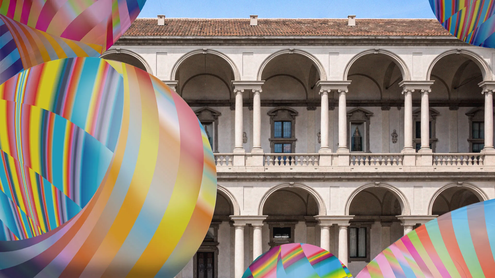 Milano Design Week 2026 kapsamında, Brera Design District'in tarihi dokusunu modern sanat enstalasyonlarıyla birleştiren, kemerli bir palazzo binasının önünde rengarenk, soyut ve fütüristik formların yer aldığı dinamik bir görüntü.