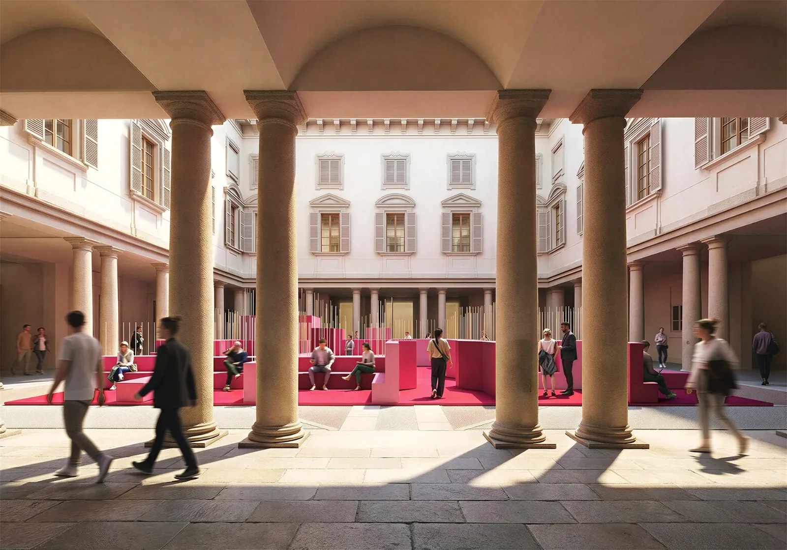 Milano Design Week 2026 kapsamında, klasik sütunlu bir tarihi avluyu canlı pembe tonlarında modern platformlar ve dikey metal çizgilerle dönüştüren deneysel bir enstalasyon, ziyaretçileri geleceğin yaşam formlarını deneyimlemeye davet ediyor.