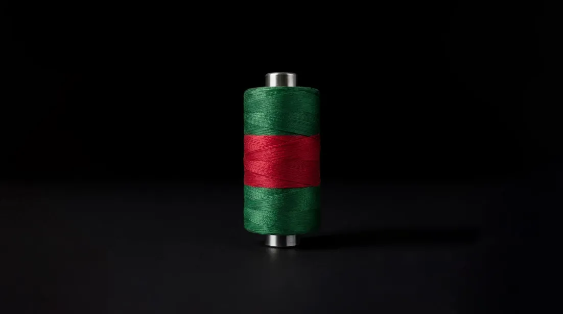 Siyah bir zeminde duran, üst ve alt kısımları yeşil, ortası belirgin kırmızı bir bantla sarılı, metalik uçlu iplik makarası, Milano Design Week kapsamında Gucci'nin köklü zanaatkârlık mirasını ve markanın görsel belleğini simgeleyen bir enstalasyondan detay sunuyor.