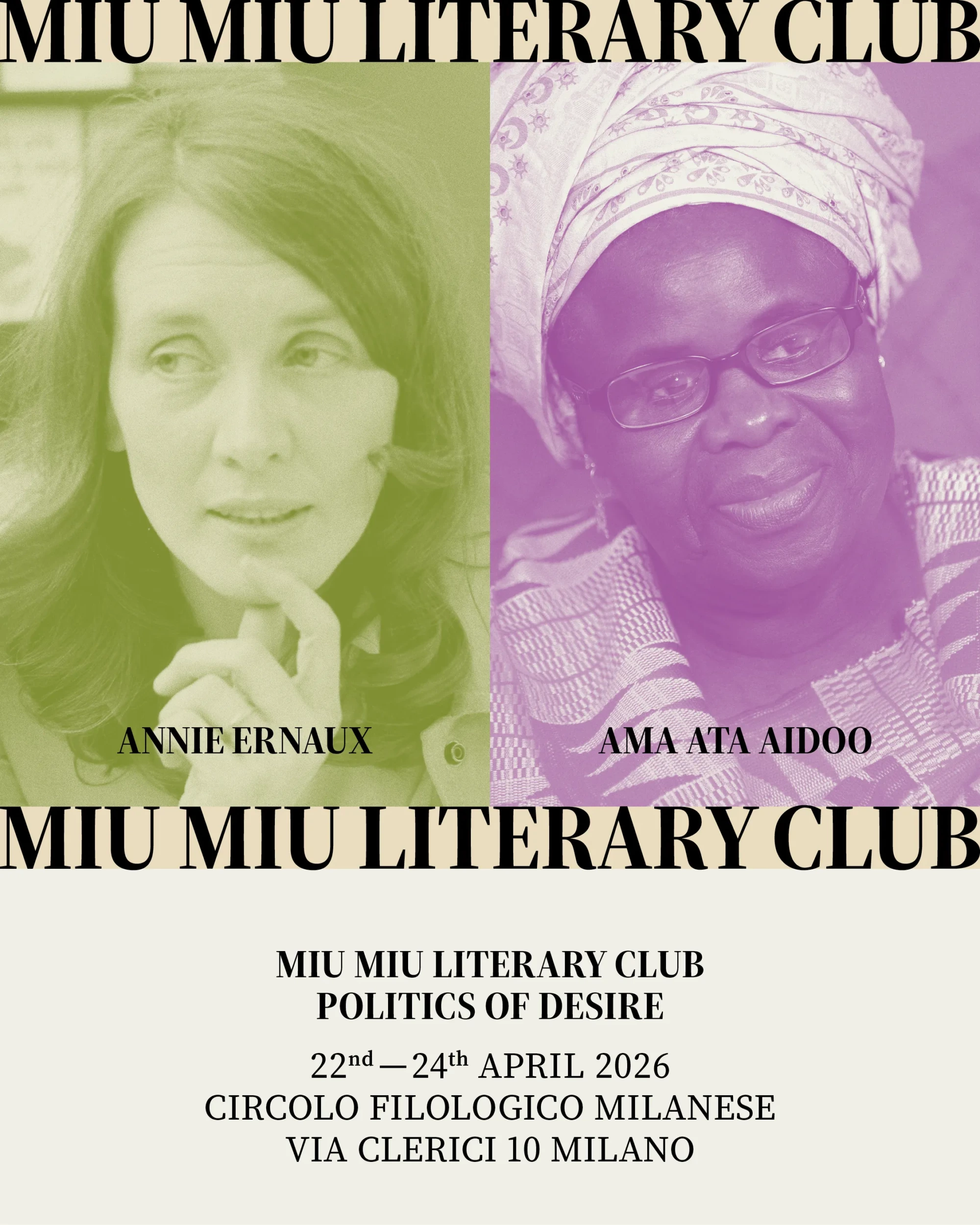 Milano Design Week 2026 kapsamında gerçekleşecek Miu Miu Literary Club'ın Arzunun Politikası başlıklı kültürel salon etkinliğini tanıtan posterde, sol kısımda yazar Annie Ernaux'nun yeşil tonlarda, sağ kısımda ise yazar Ama Ata Aidoo'nun mor tonlarda portreleri, etkinlik detaylarıyla birlikte öne çıkıyor.