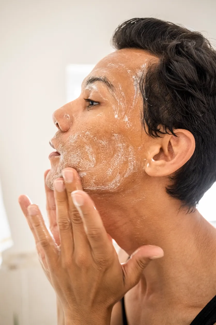 Peeling etkili ürünle cilt temizliği yapan kadın